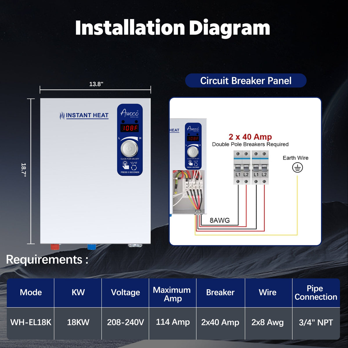 Awoco Electric Tankless Water Heater, 208-240V, Adjustable Instant Heat, Digital Display – WH-EL18K