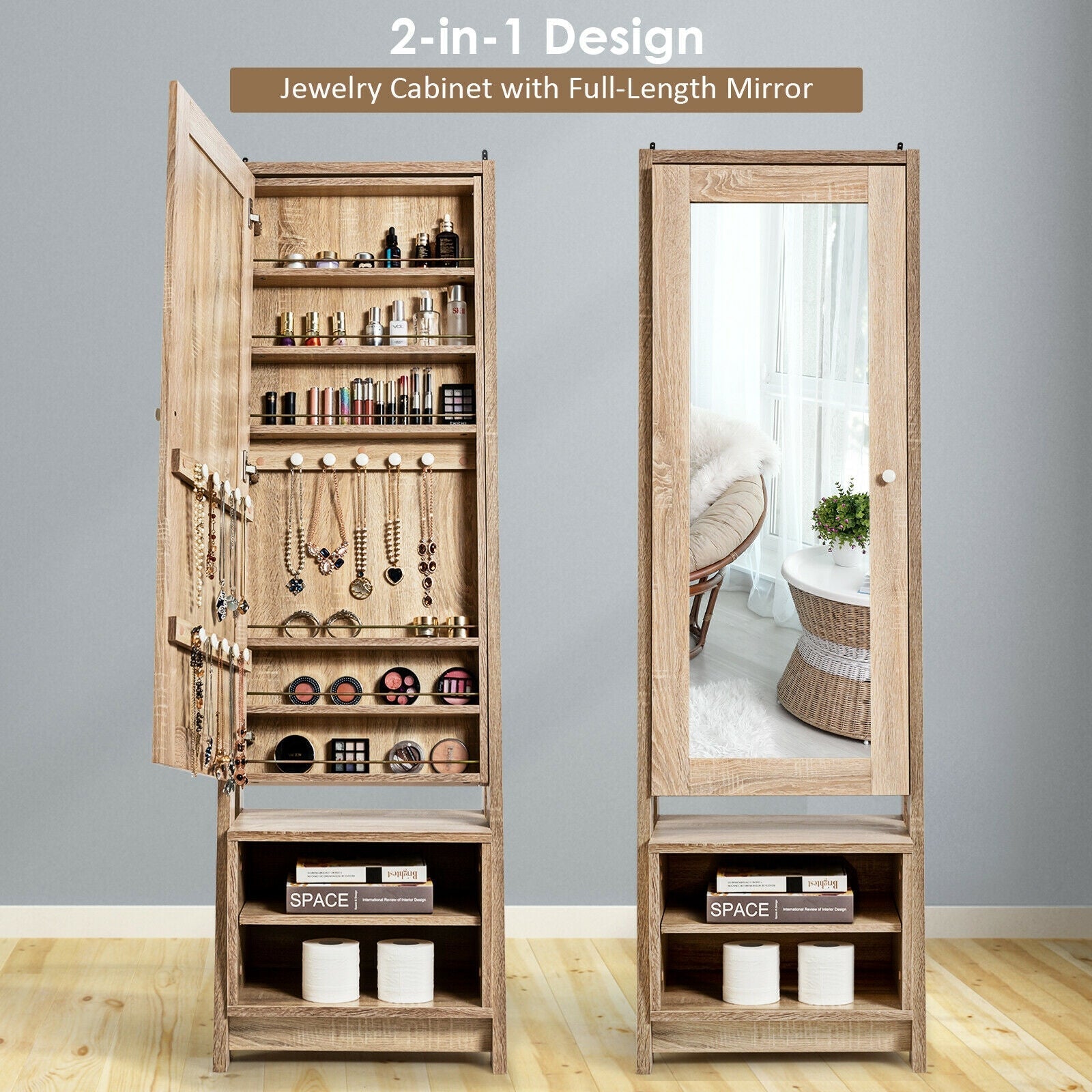 Costway 2-in-1 Full-Length Mirror with Wooden Cosmetics Storage Cabinet New - JV10008+