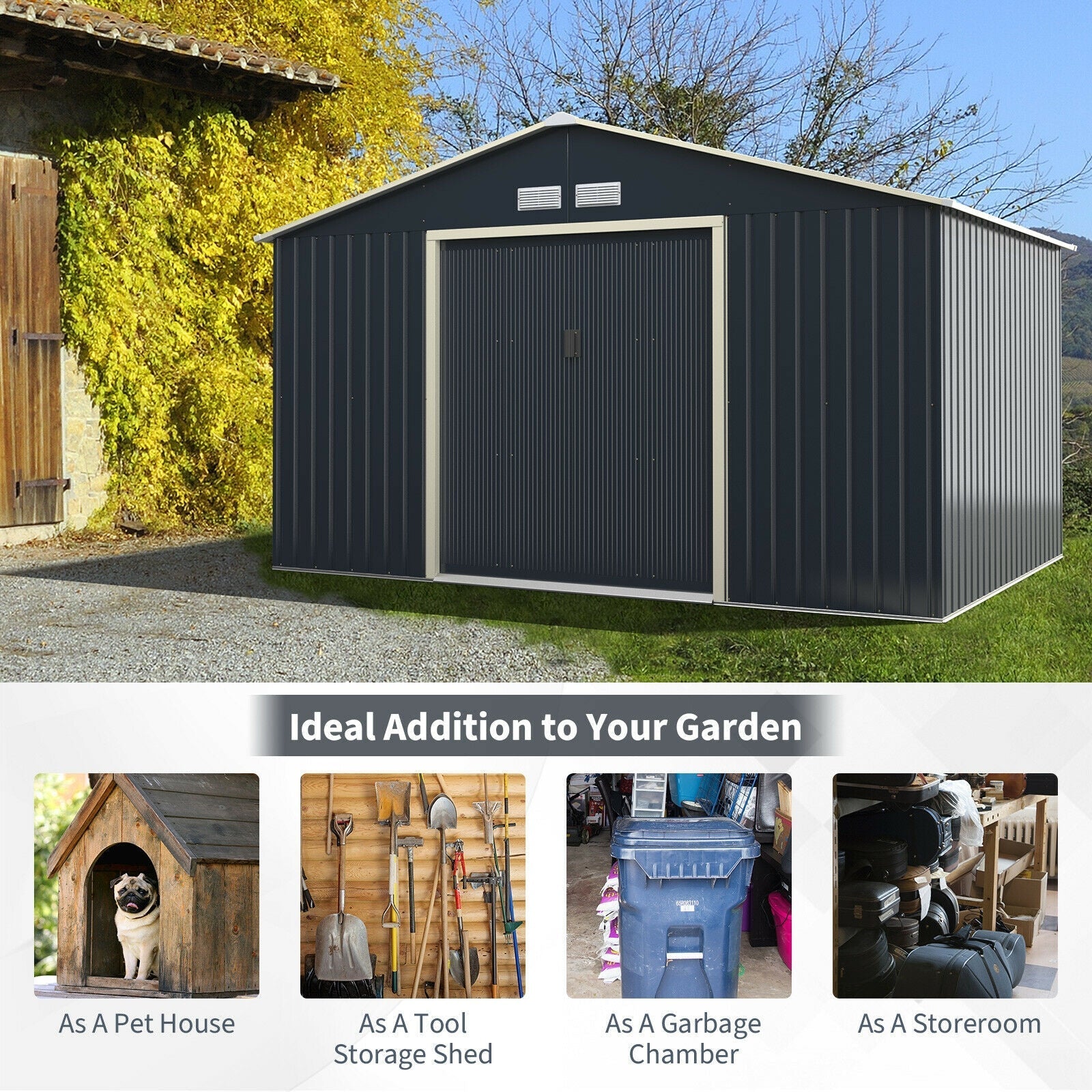 Costway Metal Storage Shed 11' x 8' with Sliding Double Lockable Doors New - GT3733GR+