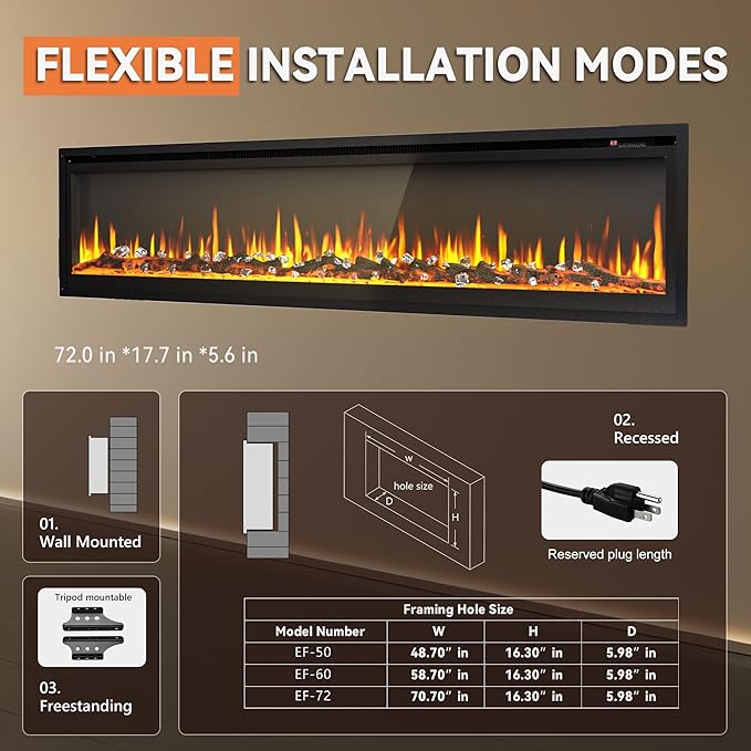 EUHOMY Electric Fireplace Recessed Wall Mounted Freestanding - EF-50