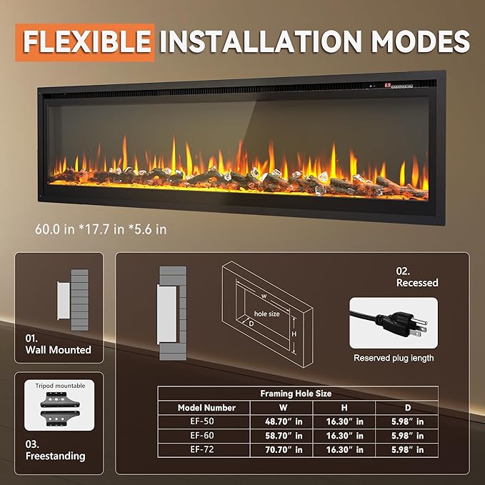 EUHOMY Electric Fireplace Recessed Wall Mounted Freestanding - EF-50