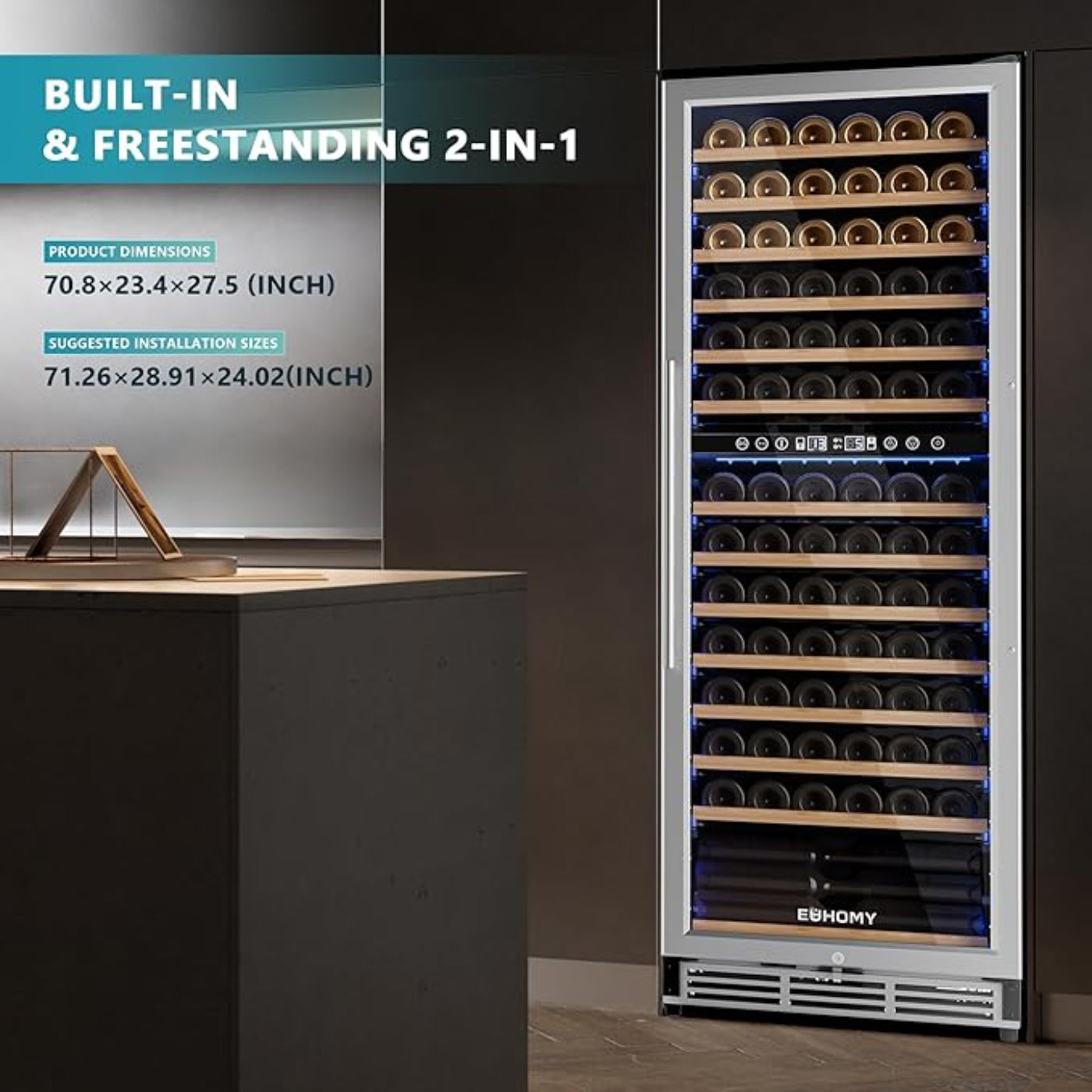 EUHOMY 24 Inch Wine Fridge Dual Zone, 154 Bottle Wine Cooler Refrigerator with Glass Door, Powerful Compressor Cooling - BRU-14