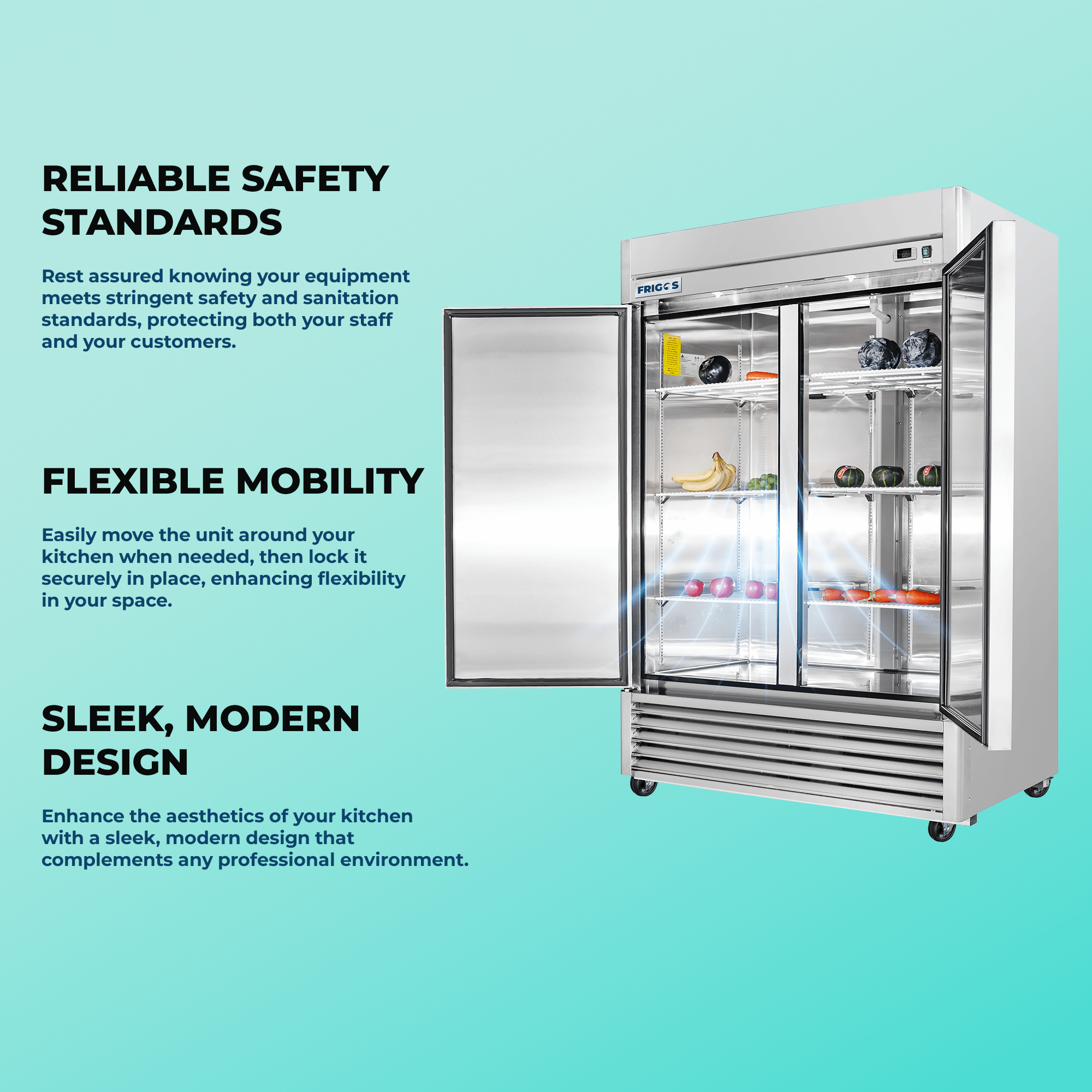 Frigos 54" Commercial Reach-In Refrigerator, 2 Solid Doors, 47 Cu Ft, Aluminum Interior, Stainless Steel Floor – FG-RF-2D