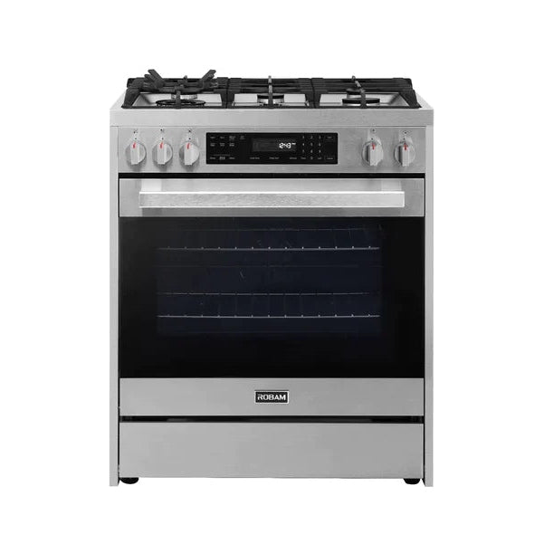 ROBAM 3-Piece Appliance Package - 30-Inch 5 Cu. Ft. Oven Freestanding Gas Range, Under Cabinet/Wall Mounted Range Hood and Dishwasher in Stainless Steel - AP3-7GG10-A831