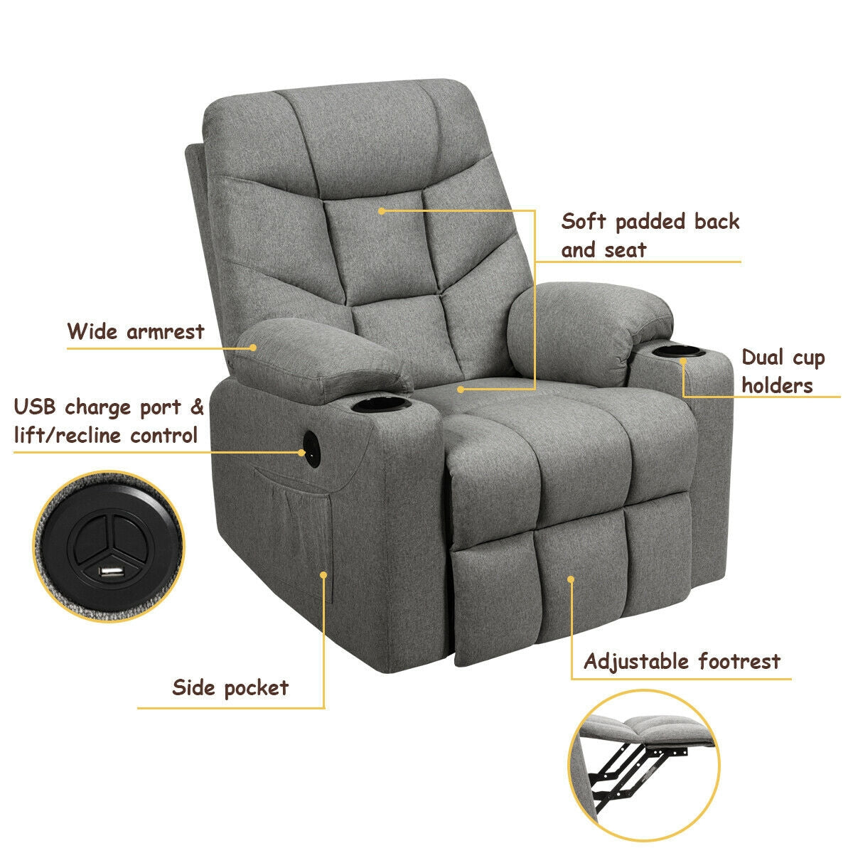 Costway Electric Massage Recliner with Power Lift 8-Point Massage and Lumbar Heat New - HW65587SL+