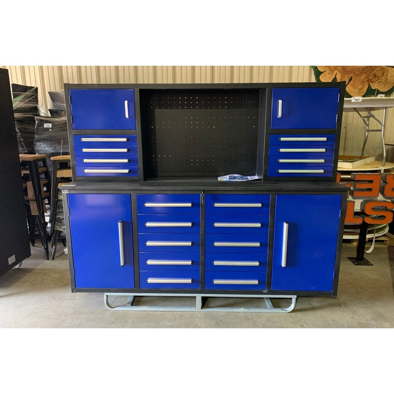 Chery Industrial 7' Garage Storage Cabinet with Workbench 18 Drawers & 4 Cabinets & Pegboard