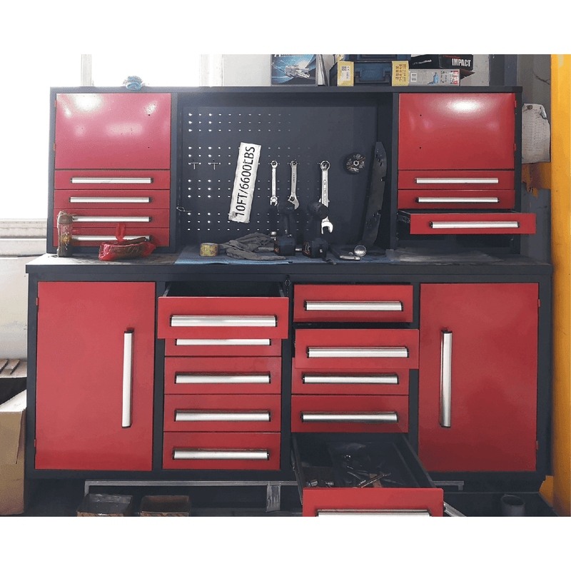 Chery Industrial 7' Garage Storage Cabinet with Workbench 18 Drawers & 4 Cabinets & Pegboard