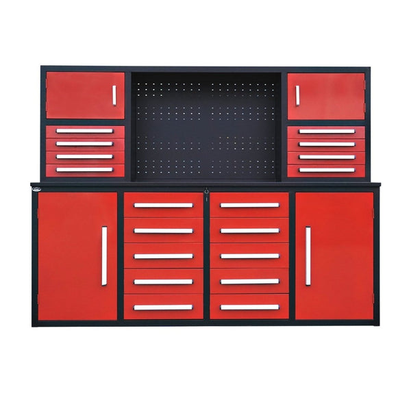 Chery Industrial 7' Garage Storage Cabinet with Workbench 18 Drawers & 4 Cabinets & Pegboard