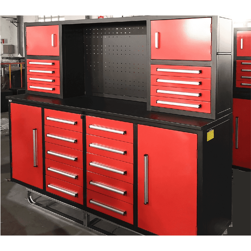 Chery Industrial 7' Garage Storage Cabinet with Workbench 18 Drawers & 4 Cabinets & Pegboard