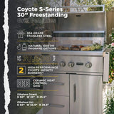 Coyote S-Series 30" Grill, LED Lights, Ceramics Freestanding Grill - C2SL30