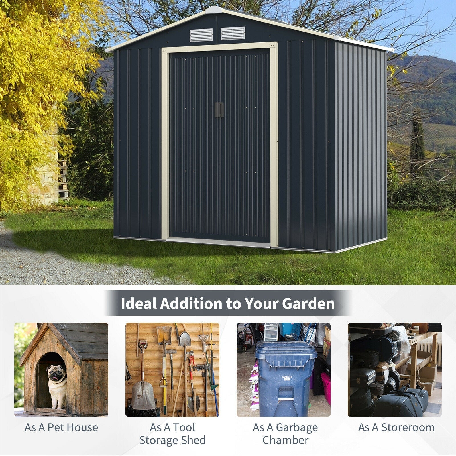 Costway Metal Storage Shed 7' x 4' with Sliding Double Lockable Doors New - GT3731GR+