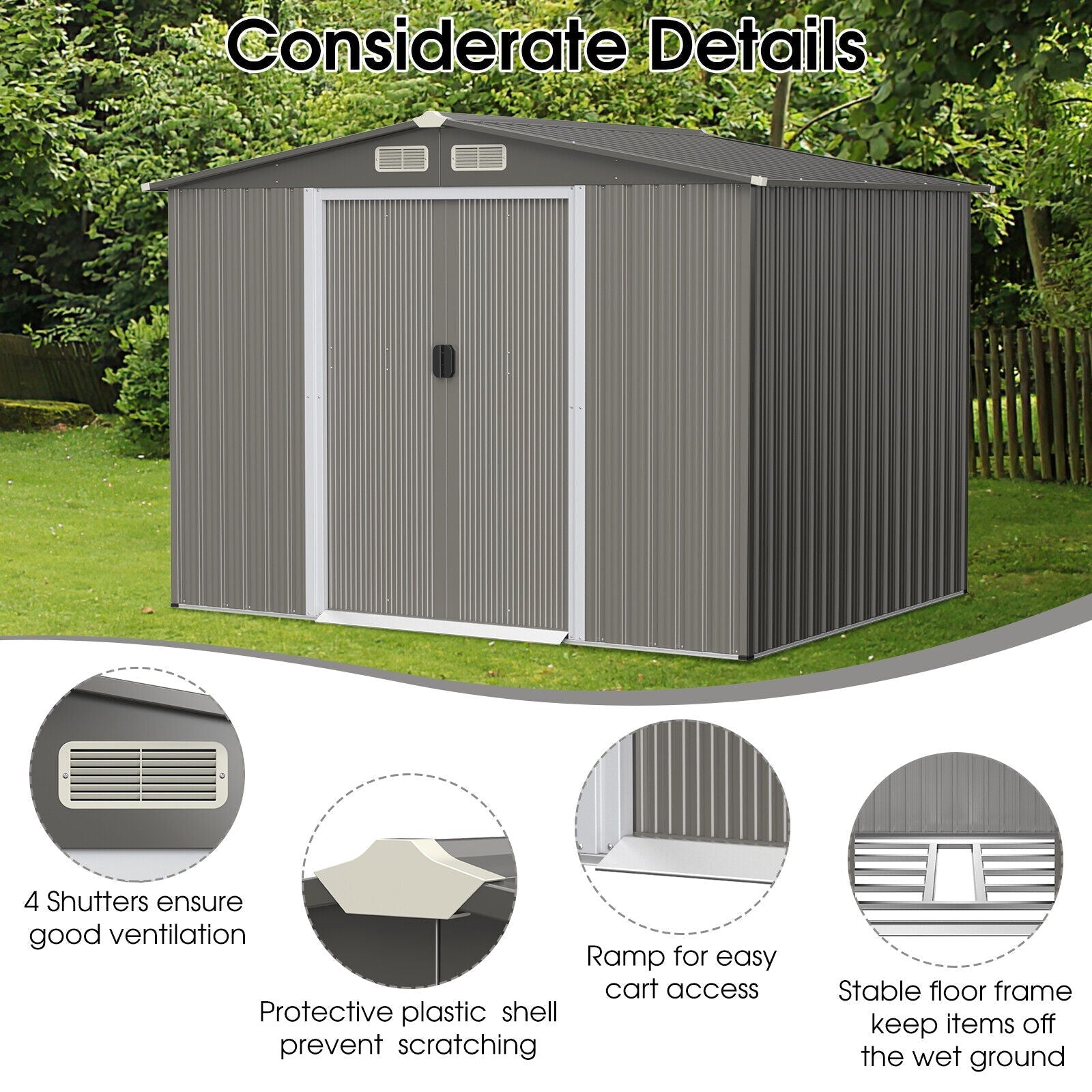 Costway Metal Storage Shed 8' x 6' with Sliding Double Lockable Doors New - GT3859LDG+