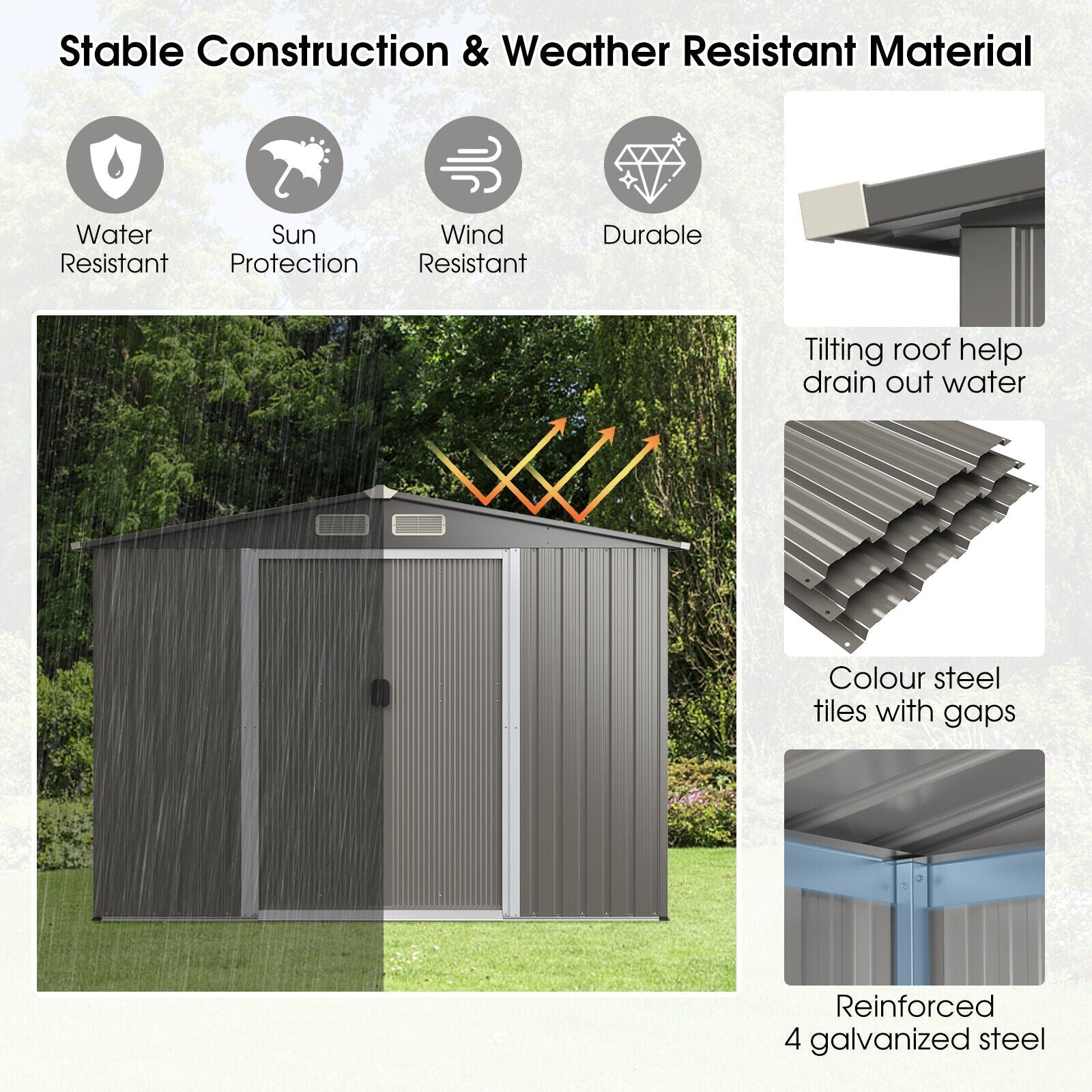 Costway Metal Storage Shed 8' x 6' with Sliding Double Lockable Doors New - GT3859LDG+