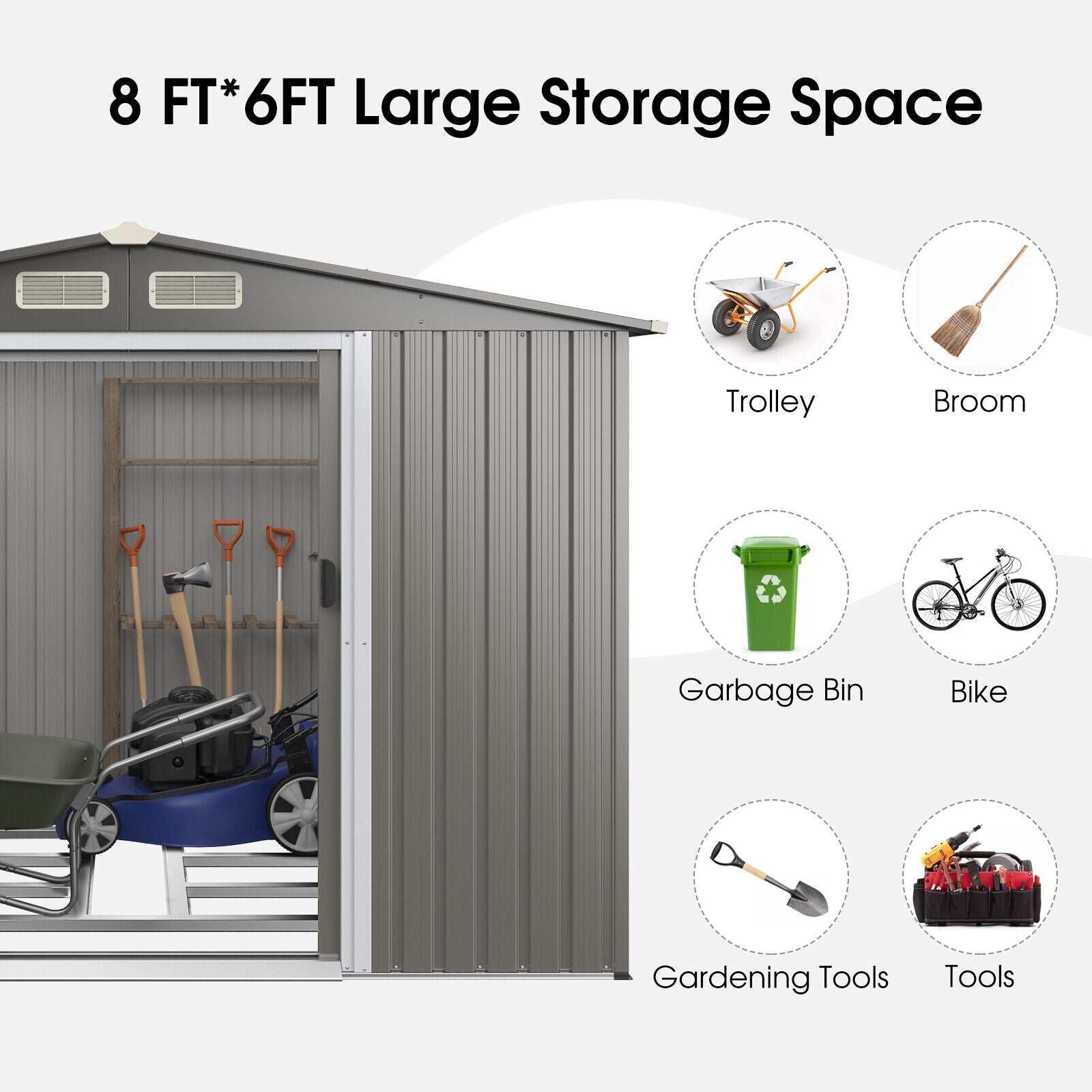 Costway Metal Storage Shed 8' x 6' with Sliding Double Lockable Doors New - GT3859LDG+