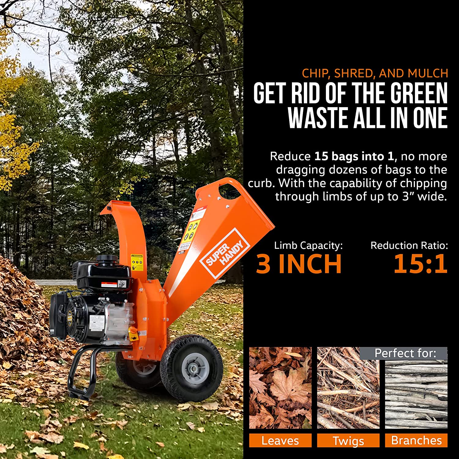 Super Handy GUO035 7HP Compact Design 3 Inch Max Capacity Wood Chipper Shredder Mulcher New