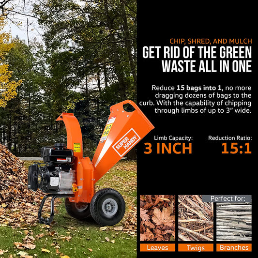 Super Handy GUO035 7HP Compact Design 3 Inch Max Capacity Wood Chipper Shredder Mulcher New