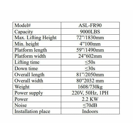 Aston Full-Rise Scissor Lift 9000lbs 72" Electric Lock Release 220v - ASL-FR90 - Backyard Provider