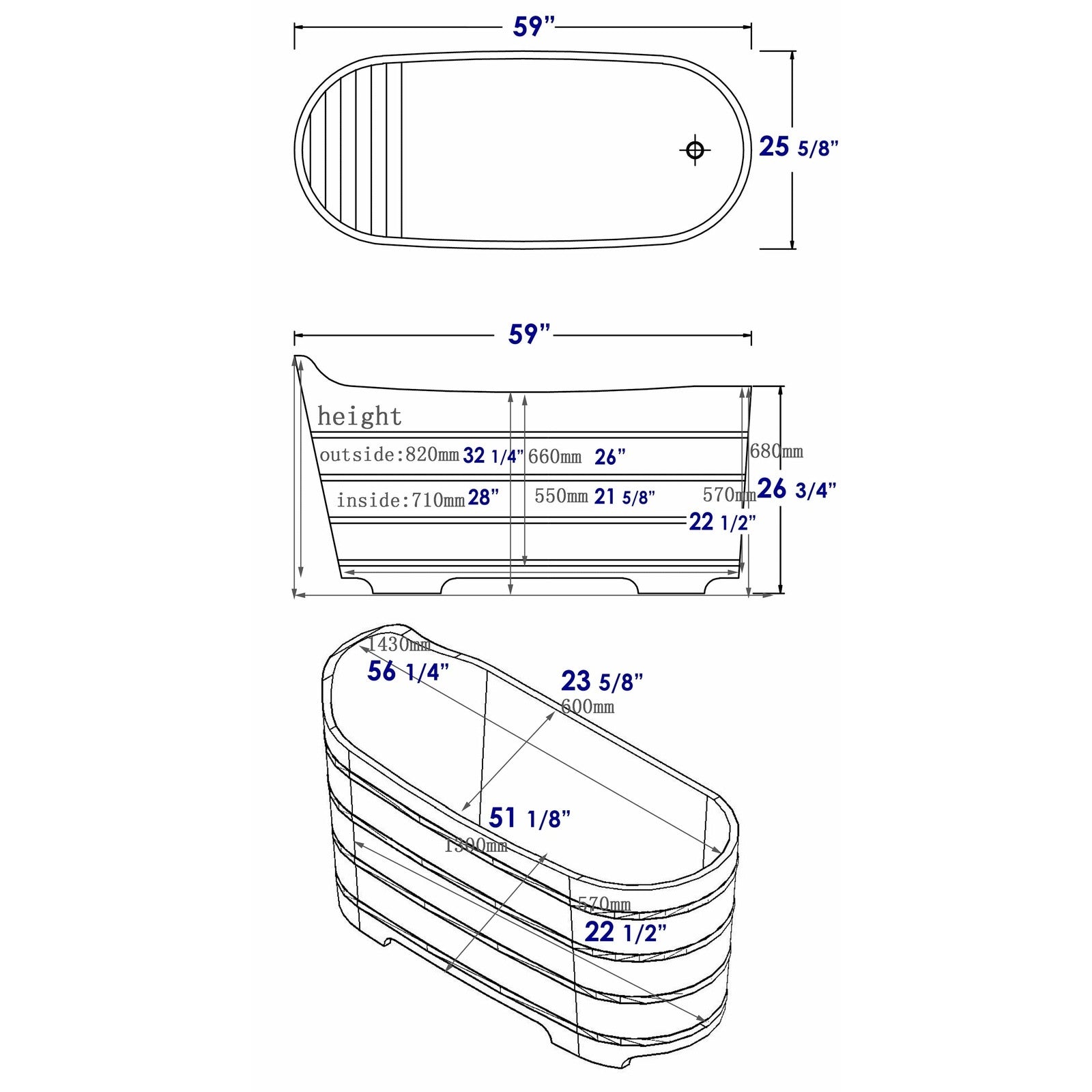 ALFI 59" Cedar Wooden Freestanding Bathtub with Bench AB1103