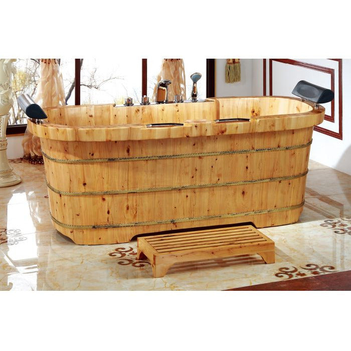 ALFI 65" Cedar Wooden Freestanding Bathtub with Fixtures & Headrests - 2 Person AB1130