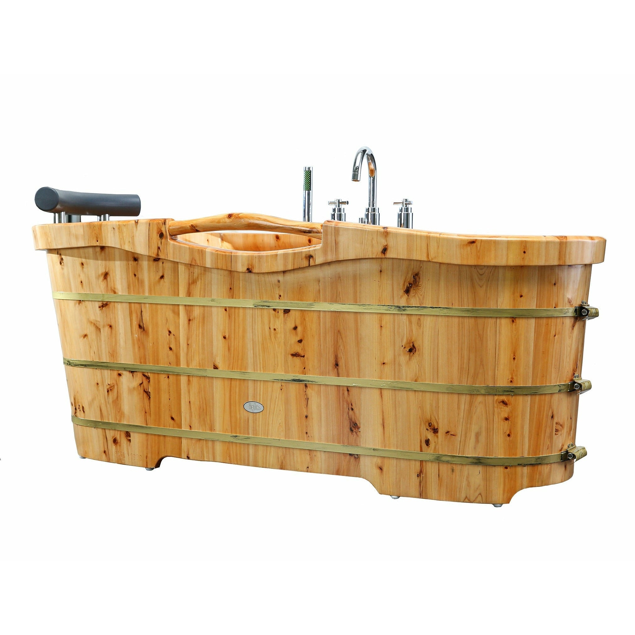 ALFI 61" Cedar Wooden Freestanding Bathtub with Chrome Tub Filler AB1136