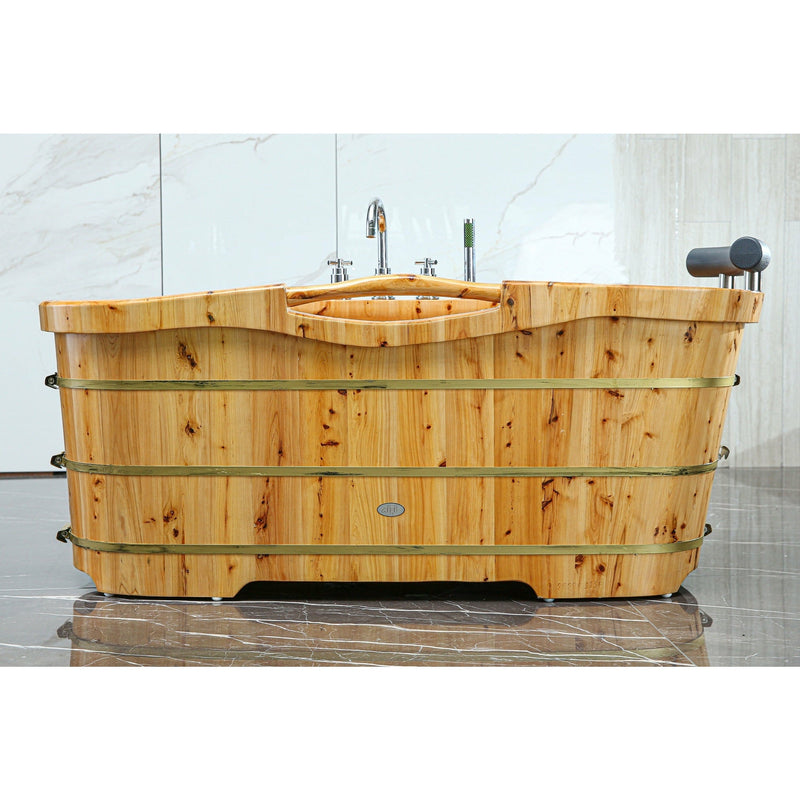 ALFI 61" Cedar Wooden Freestanding Bathtub with Chrome Tub Filler AB1136