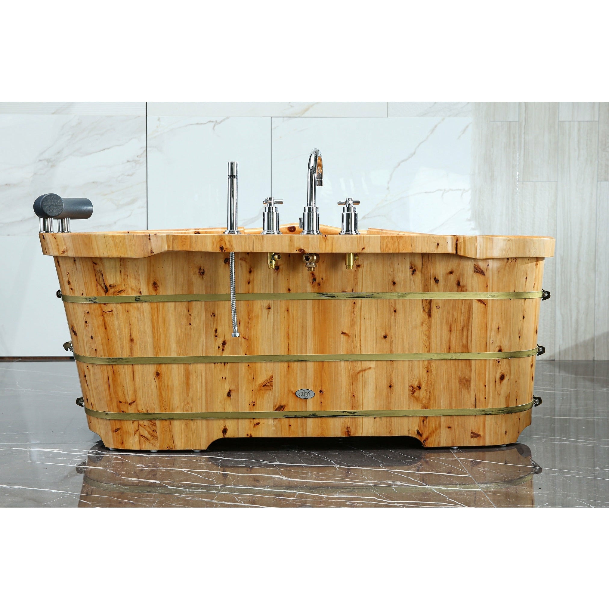 ALFI 61" Cedar Wooden Freestanding Bathtub with Chrome Tub Filler AB1136