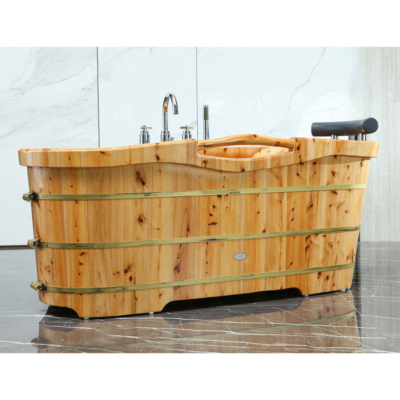 ALFI 61" Cedar Wooden Freestanding Bathtub with Chrome Tub Filler AB1136