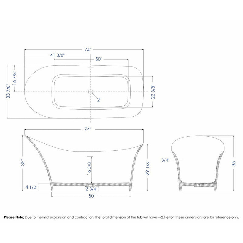 ALFI 74" White Solid Surface Smooth Resin Freestanding Soaking Bathtub AB9915