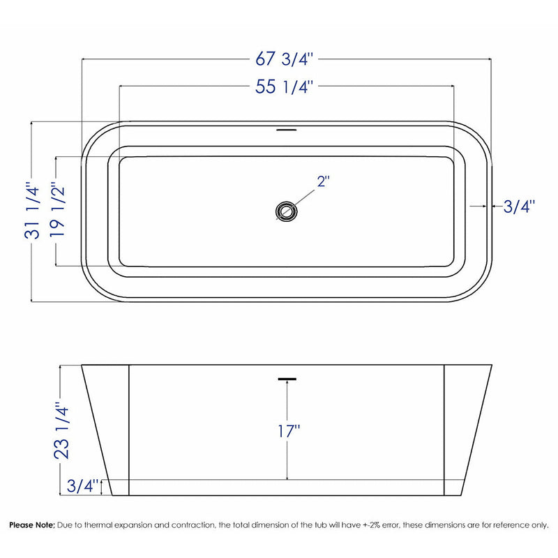 ALFI 67" Rectangular White Solid Surface Freestanding Smooth Resin Soaking Bathtub AB9952