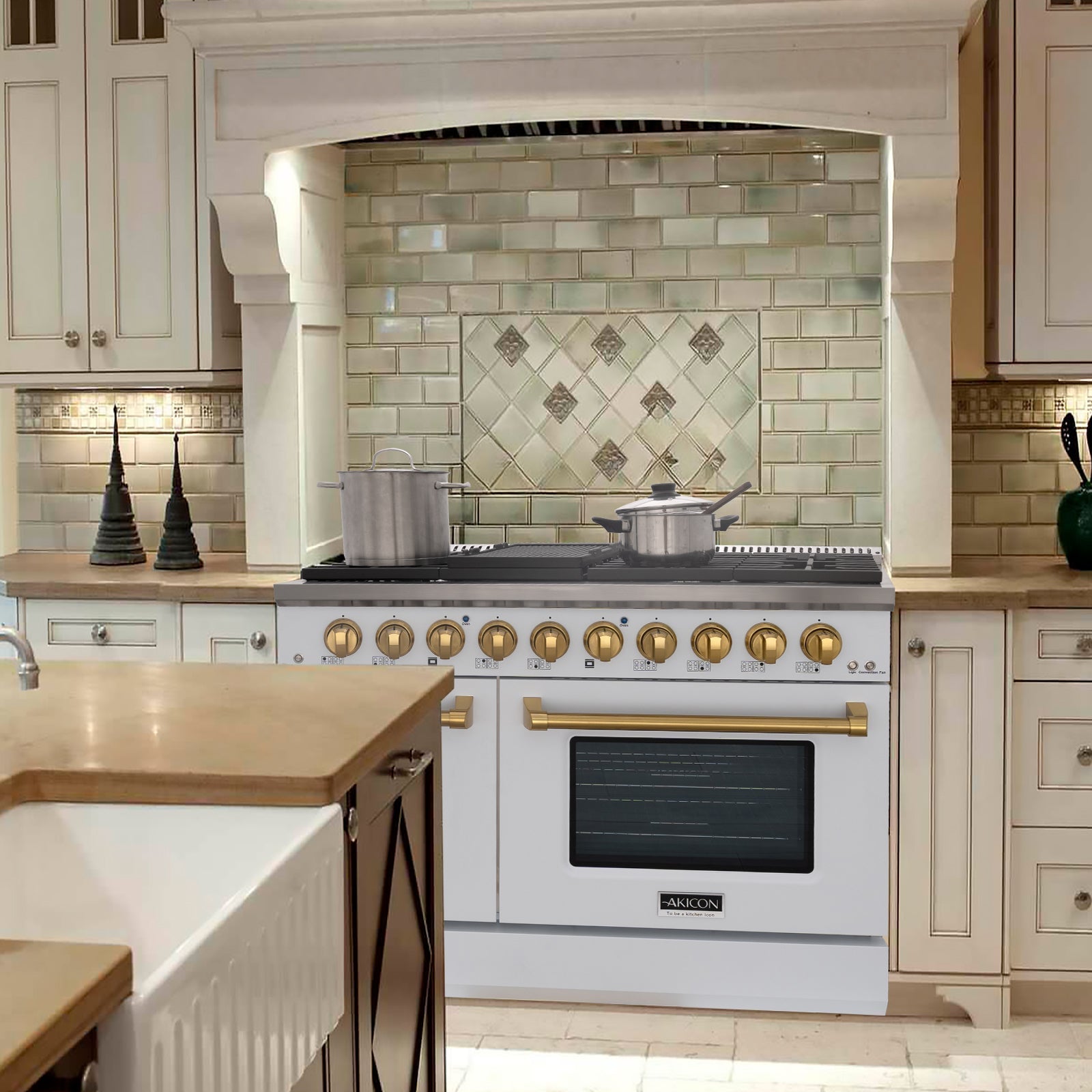 Akicon 48" Slide-in Freestanding Professional Style Gas Range with 6.7 Cu. Ft. Oven, 8 Burners, Convection Fan, Cast Iron Grates. White & Gold
