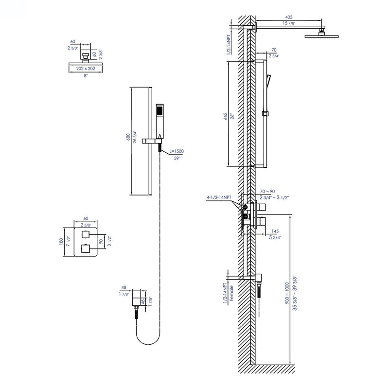 ALFI 2 Way Thermostatic Square Shower Set - AB2830