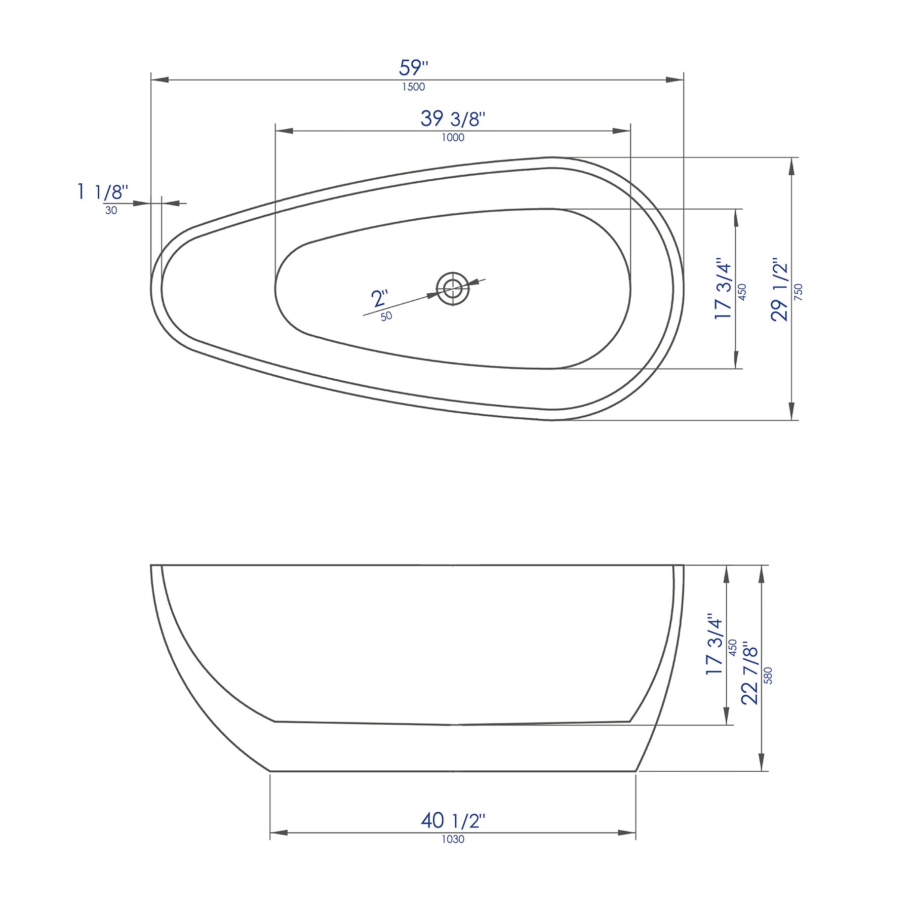 ALFI 59" Oval Black & White Freestanding Acrylic Soaking Bathtub - AB8862