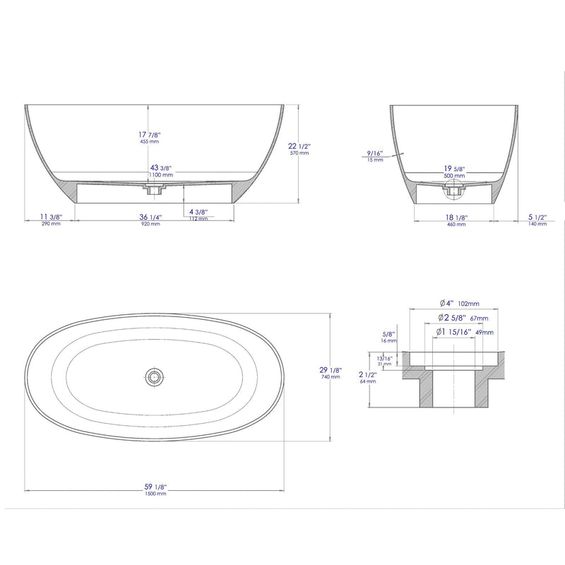 ALFI 59" Black & White Oval Freestanding Resin Bathtub - AB9975BM