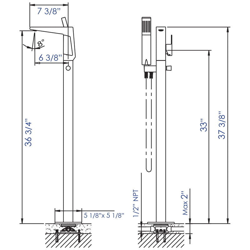 ALFI Single Hole Floor Mounted Tub Filler with Hand Held Shower Head - AB2475