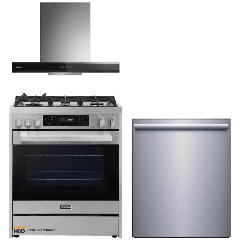 ROBAM 3-Piece Appliance Package - 30-Inch 5 Cu. Ft. Oven Freestanding Gas Range, Under Cabinet/Wall Mounted Range Hood and Dishwasher in Stainless Steel - AP3-7GG10-A831