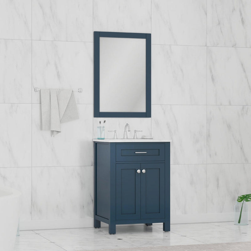 Alya Bath Norwalk 24" Single Blue Freestanding  Bathroom Vanity With Carrara Marble Top, Ceramic Sink and Wall Mounted Mirror - HE-101-24-B-CWMT + HE-101/102-24-B-M - Backyard Provider