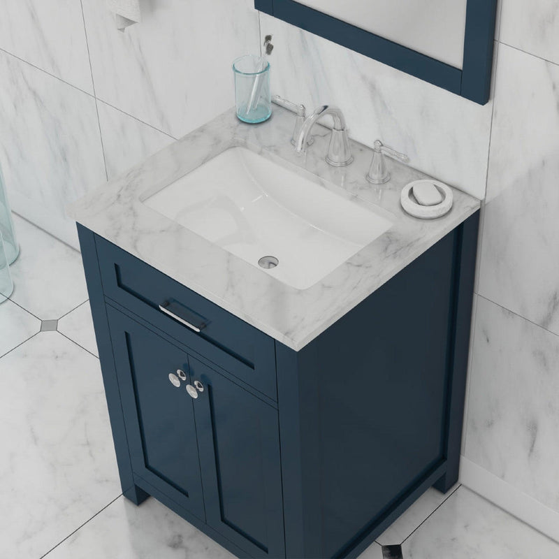 Alya Bath Norwalk 24" Single Blue Freestanding  Bathroom Vanity With Carrara Marble Top, Ceramic Sink and Wall Mounted Mirror - HE-101-24-B-CWMT + HE-101/102-24-B-M - Backyard Provider