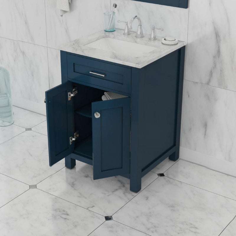 Alya Bath Norwalk 24" Single Blue Freestanding  Bathroom Vanity With Carrara Marble Top, Ceramic Sink and Wall Mounted Mirror - HE-101-24-B-CWMT + HE-101/102-24-B-M - Backyard Provider