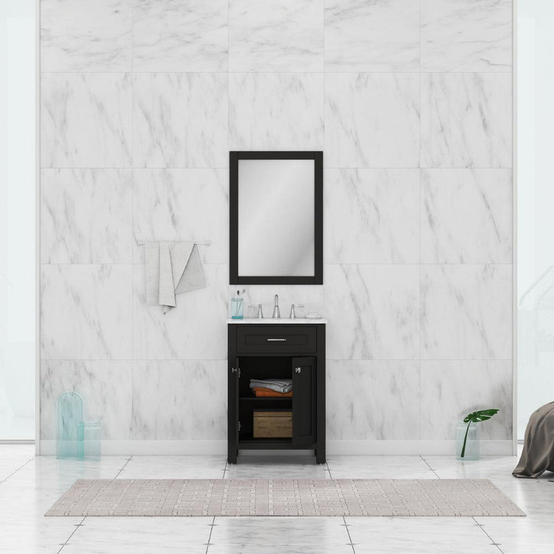 Alya Bath Norwalk 24" Single Espresso Freestanding  Bathroom Vanity With Carrara Marble Top, Ceramic Sink and Wall Mounted Mirror - HE-101-24-E-CWMT + HE-101/102-24-E-M - Backyard Provider