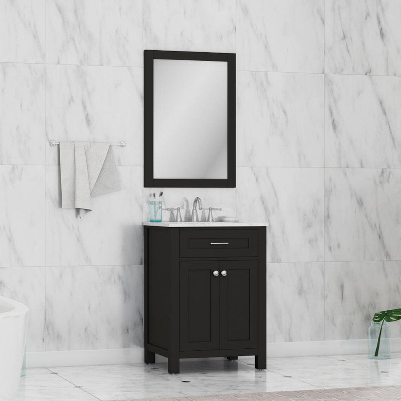 Alya Bath Norwalk 24" Single Espresso Freestanding  Bathroom Vanity With Carrara Marble Top, Ceramic Sink and Wall Mounted Mirror - HE-101-24-E-CWMT + HE-101/102-24-E-M - Backyard Provider