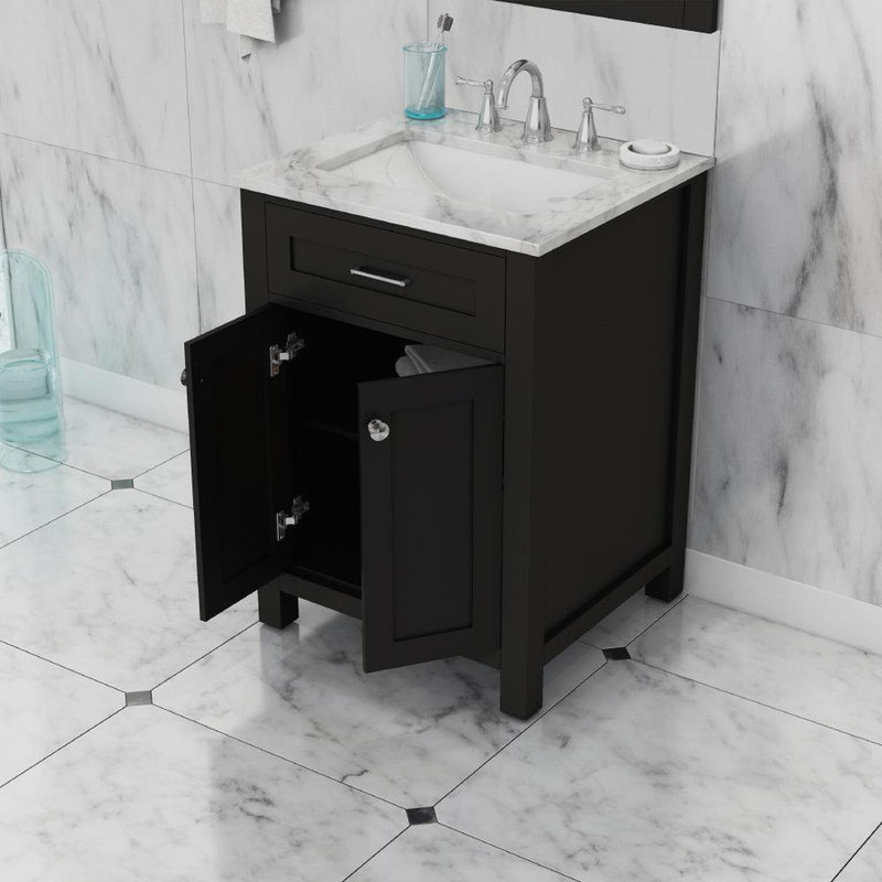 Alya Bath Norwalk 24" Single Espresso Freestanding  Bathroom Vanity With Carrara Marble Top, Ceramic Sink and Wall Mounted Mirror - HE-101-24-E-CWMT + HE-101/102-24-E-M - Backyard Provider