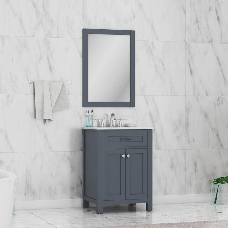 Alya Bath Norwalk 24" Single Gray Freestanding  Bathroom Vanity With Carrara Marble Top, Ceramic Sink and Wall Mounted Mirror - HE-101-24-G-CWMT + HE-101/102-24-G-M - Backyard Provider