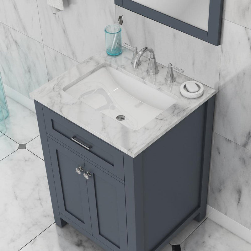 Alya Bath Norwalk 24" Single Gray Freestanding  Bathroom Vanity With Carrara Marble Top, Ceramic Sink and Wall Mounted Mirror - HE-101-24-G-CWMT + HE-101/102-24-G-M - Backyard Provider