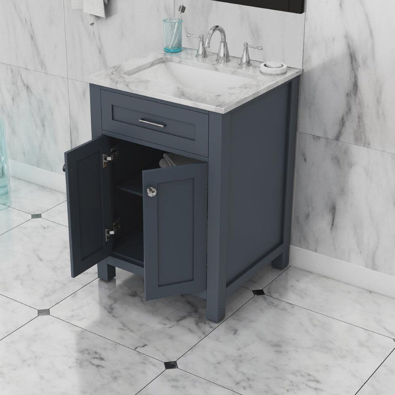 Alya Bath Norwalk 24" Single Gray Freestanding  Bathroom Vanity With Carrara Marble Top, Ceramic Sink and Wall Mounted Mirror - HE-101-24-G-CWMT + HE-101/102-24-G-M - Backyard Provider