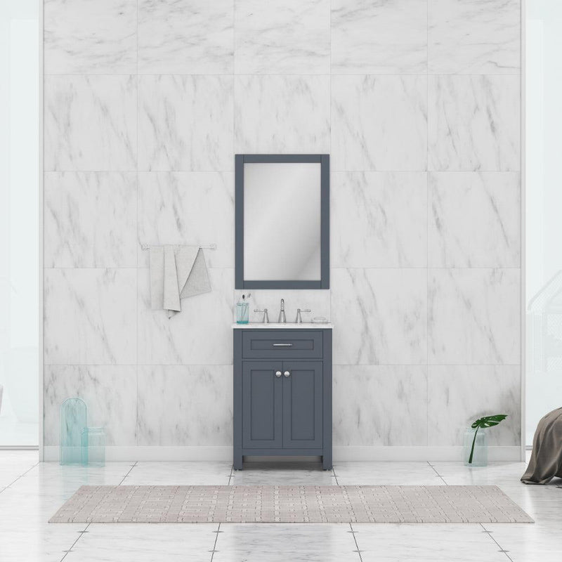 Alya Bath Norwalk 24" Single Gray Freestanding  Bathroom Vanity With Carrara Marble Top, Ceramic Sink and Wall Mounted Mirror - HE-101-24-G-CWMT + HE-101/102-24-G-M - Backyard Provider