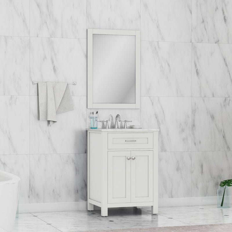 Alya Bath Norwalk 24" Single White Freestanding  Bathroom Vanity With Carrara Marble Top, Ceramic Sink and Wall Mounted Mirror - HE-101-24-W-CWMT + HE-101/102-24-W-M - Backyard Provider