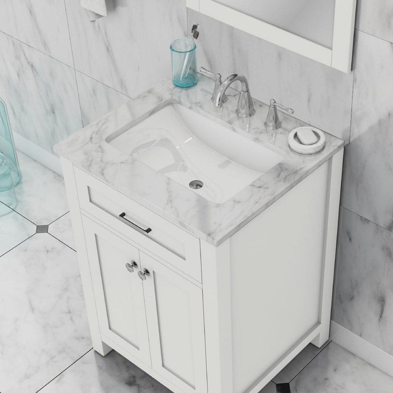 Alya Bath Norwalk 24" Single White Freestanding  Bathroom Vanity With Carrara Marble Top, Ceramic Sink and Wall Mounted Mirror - HE-101-24-W-CWMT + HE-101/102-24-W-M - Backyard Provider