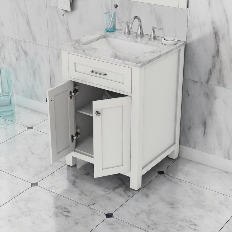 Alya Bath Norwalk 24" Single White Freestanding  Bathroom Vanity With Carrara Marble Top, Ceramic Sink and Wall Mounted Mirror - HE-101-24-W-CWMT + HE-101/102-24-W-M - Backyard Provider