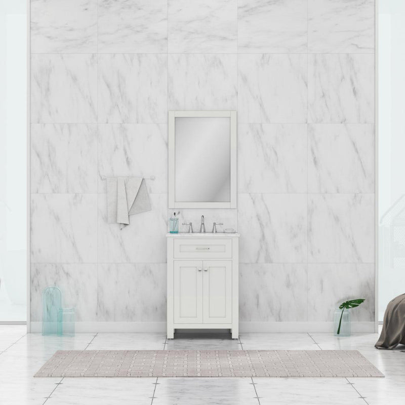 Alya Bath Norwalk 24" Single White Freestanding  Bathroom Vanity With Carrara Marble Top, Ceramic Sink and Wall Mounted Mirror - HE-101-24-W-CWMT + HE-101/102-24-W-M - Backyard Provider