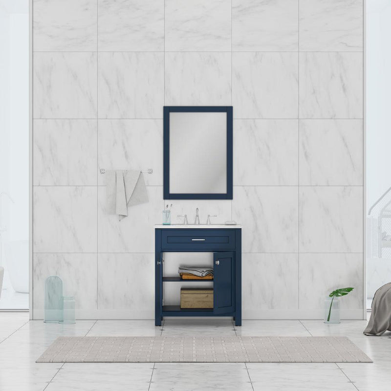 Alya Bath Norwalk 30" Single Blue Freestanding  Bathroom Vanity With Carrara Marble Top, Ceramic Sink and Wall Mounted Mirror - HE-101-30-B-CWMT + HE-101/102-30-B-M - Backyard Provider